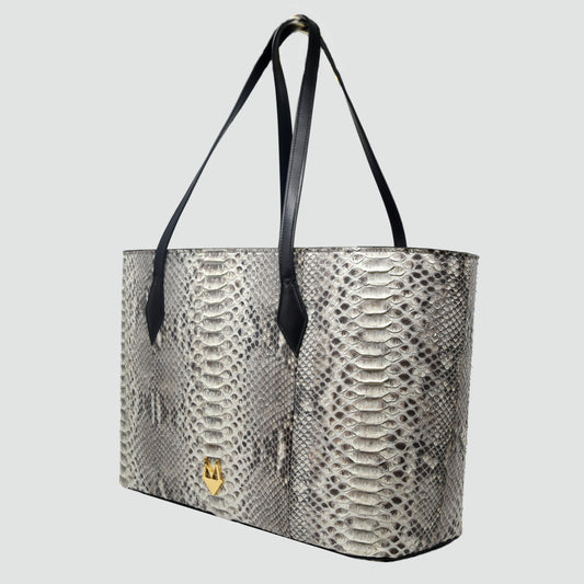 Borsa Shopper "Grandiosa" in vera pelle di Pitone Bianco Marmo