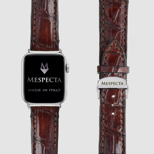 Leather strap Apple Watch Customizable series Ultra, 8, 7, 6, 5, 4, SE in genuine Brown Alligator leather 