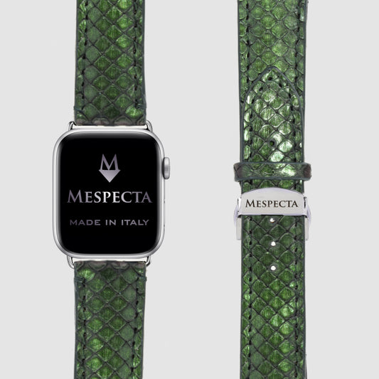 Cinturino in pelle Apple Watch Personalizzabile serie Ultra, 8, 7, 6, 5, 4, SE in vera pelle di Pitone Verde Iridescente