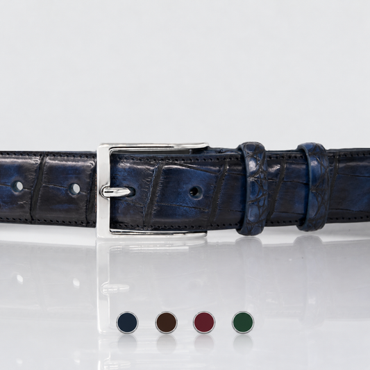 Men's belt in hand-dyed genuine alligator skin leather.