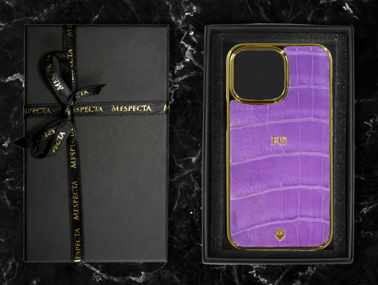 Customizable iPhone 14/13 cover in genuine Lilac and Gold Crocodile leather 