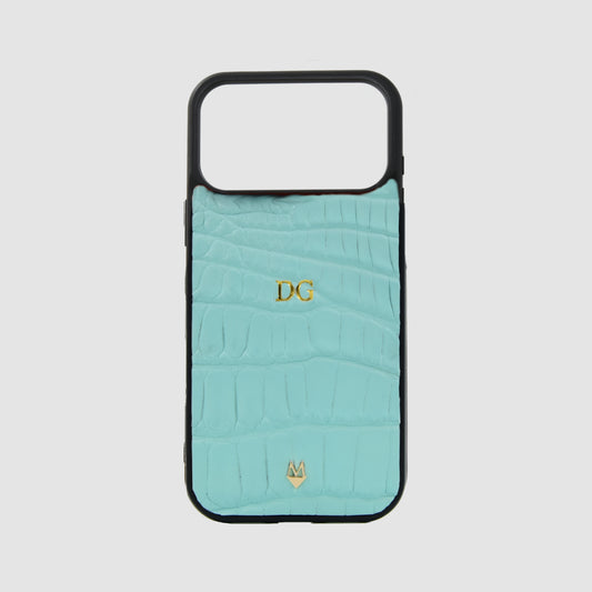 Cover in vera pelle di Coccodrillo iPhone MagSafe 17/16/15/14/13/12 Celeste Laguna