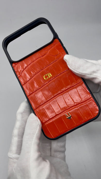 Cover in vera pelle di Coccodrillo iPhone MagSafe 17/16/15/14/13/12 Arancione