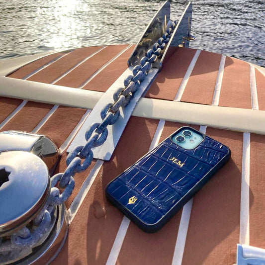 Cover in vera pelle di Coccodrillo iPhone MagSafe 17/16/15/14/13 Blu Zaffiro