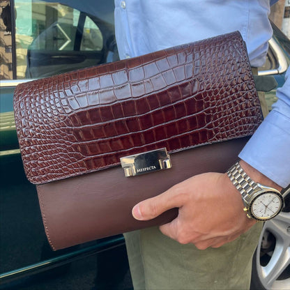 Pochette Clutch borsa in vera pelle di coccodrillo - Personalizzabile con iniziali - Marrone