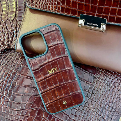 Phone case for iPhone 14/ 13/ 12/ 11/ XR models genuine Alligator skin - Dark Brown