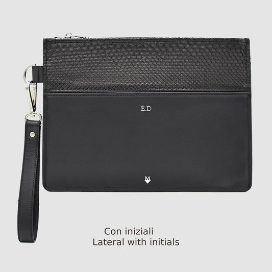 Pochette borsello uomo in vera pelle di Pitone - Personalizzabile con iniziali Nero