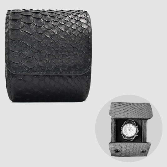 Custodia per Orologio Watch Roll in vera pelle di Pitone personalizzabile - Nero