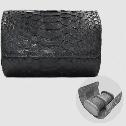 Custodia per Orologio Watch Roll in vera pelle di Pitone personalizzabile per 2 Orologi- Nero