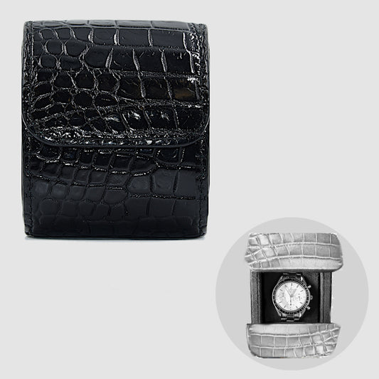 Customizable Watch Roll Case in Genuine Crocodile Leather - Black 