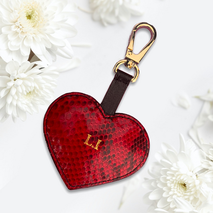 Keychain Red Heart in genuine Python skin personalized with initials