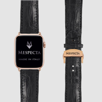 Cinturino in pelle Apple Watch Personalizzabile serie Ultra, 8, 7, 6, 5, 4, SE in vera pelle di Coccodrillo Nero