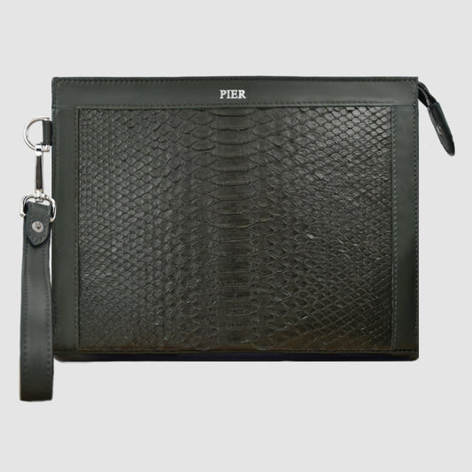 Pochette clutch borsello Uomo in vera pelle di Pitone Personalizzabile con iniziali - Verde Militare