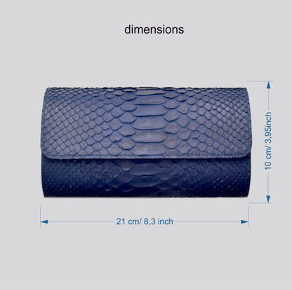 Portaorologio Watch Roll in Pelle di Pitone Blu Navy Personalizzato 3 slots per 3 orologi