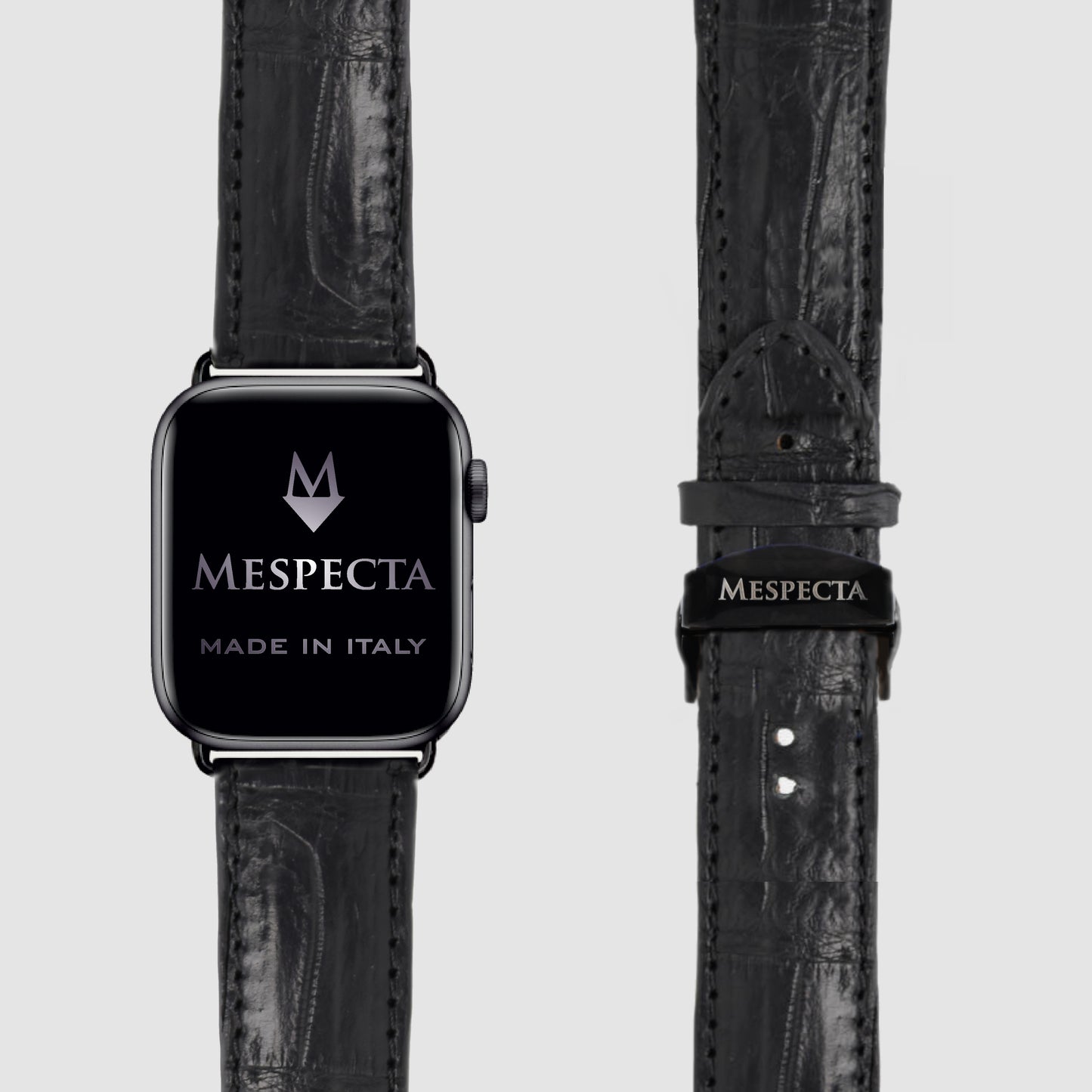 Cinturino in pelle Apple Watch Personalizzabile serie Ultra, 8, 7, 6, 5, 4, SE in vera pelle di Coccodrillo Nero