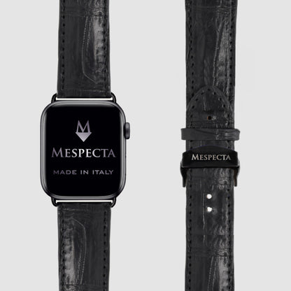 Cinturino in pelle Apple Watch Personalizzabile serie Ultra, 8, 7, 6, 5, 4, SE in vera pelle di Coccodrillo Nero