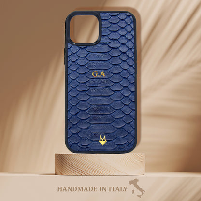 Cover in vera pelle di Pitone Personalizzabile iPhone MagSafe Blu Scuro