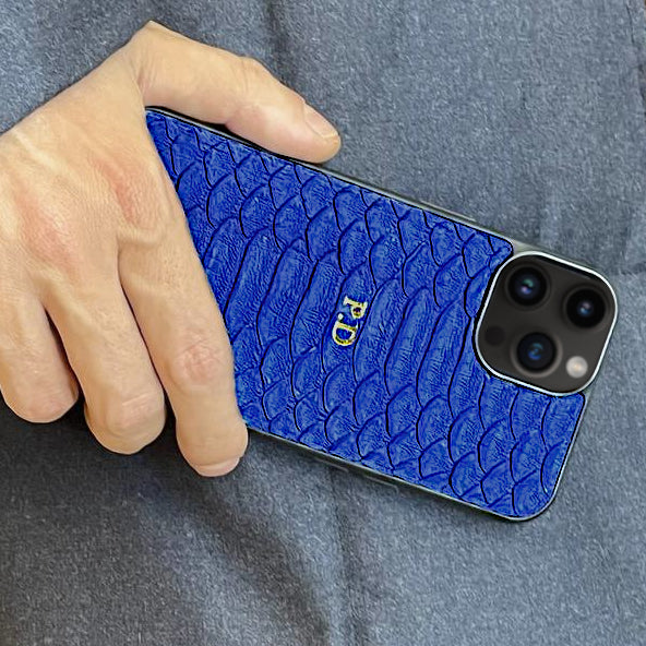 Phone case for iPhone 14/ 13/ 12/11 / XR in Blue genuine Python skin