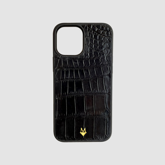 Phone case for iPhone 14/ 13/12/ 11/ XR in Black Crocodille skin
